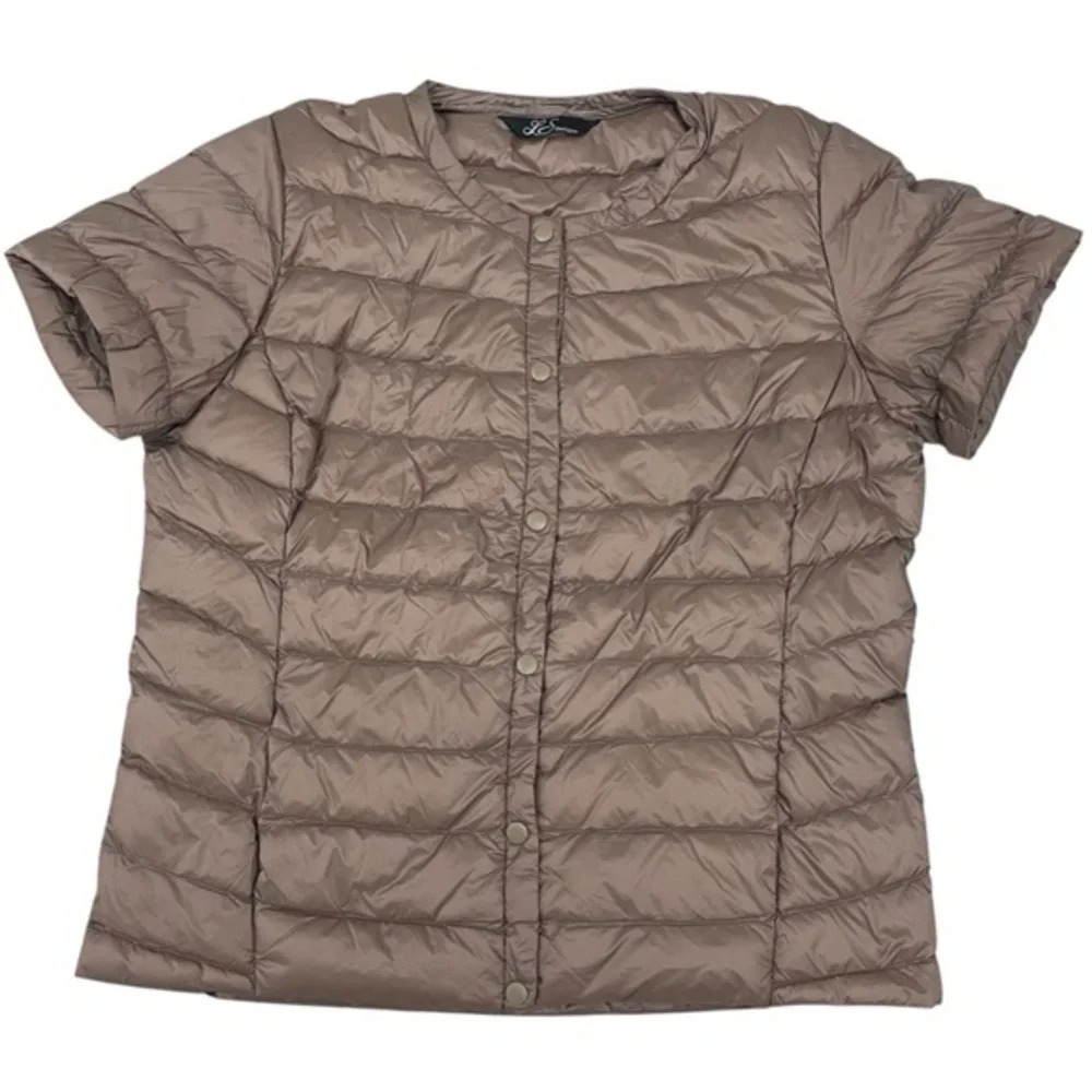 LS DESIGNS Taupe Down Filled Short Sleeve Puffer Jacket Snap Closure Lightweight